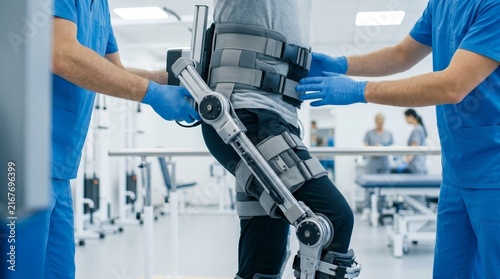 A man undergoes mobility training using an advanced exoskeleton suit in a rehab center.