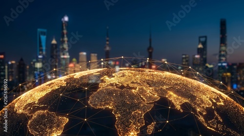 Global connectivity concept featuring a digital map of the world and interconnected network nodes over a city skyline.