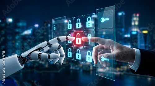 Cybersecurity concept featuring a robotic hand and human finger touching a digital lock and key interface.