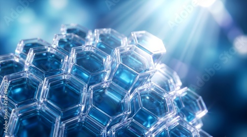 Abstract 3D hexagonal shapes forming a complex structure with bright light highlights.
