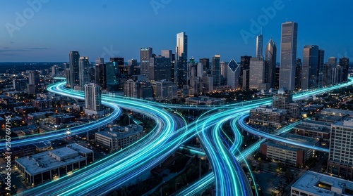 Skyscrapers in a smart city featuring flowing light trails of business digitalization and entrepreneurship.