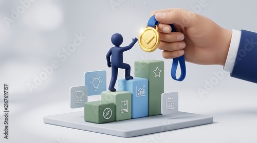 Successful business milestone achievement concept featuring a character climbing a step by step growth path.