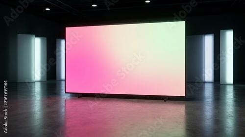 Modern 3D rendering of a blank presentation screen featuring glowing pink, cream, and green gradient light.