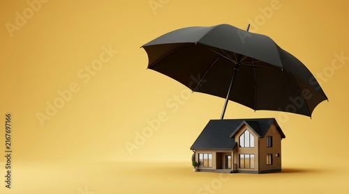 Property protection and safety concept featuring a miniature house under a black umbrella with copy space.
