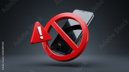Mobile phone restriction concept featuring a red no-phone sign and warning symbol on a dark background.