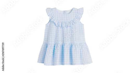 Fotografie Light blue checkered summer baby dress with ruffles checkered clothing children