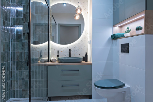 modern bathroom interior with ceramic bathroom sink on cabinet, shower with glass and wc. Design home. Real estate.