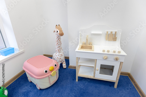 Child's Play Paradise: A bright and cheerful corner of a playroom features a miniature wooden kitchen, a stuffed giraffe, and a pink toddler potty, all set against a blue carpet and white walls.