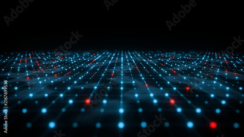 Digital grid network features glowing blue and red nodes arranged in perspective landscape view for futuristic technology background themes.