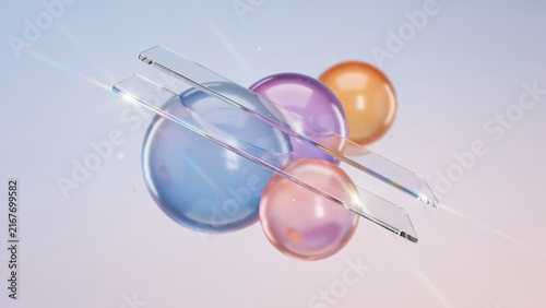 Floating colorful spheres paired with sharp transparent glass rectangles for minimalist abstract art and sophisticated interior display.
