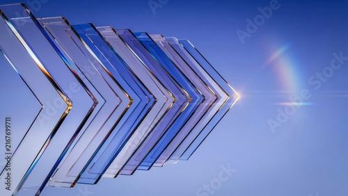 Series of transparent blue glass chevron arrow shapes aligned in sequence to signify progress and directional growth for business themes.