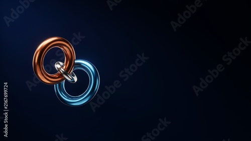 Three interconnected shiny metallic rings in bronze, silver, and blue demonstrate strength, connection, and secure linking together.