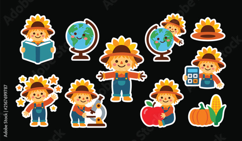 Cute autumn scarecrow stickers set with sunflower head for school and harvest scarecrow sticker autumn character harvest vector fall graphics student sunflower education