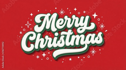 A festive Merry Christmas text graphic styled with white puffy 3D letters over a deep red background