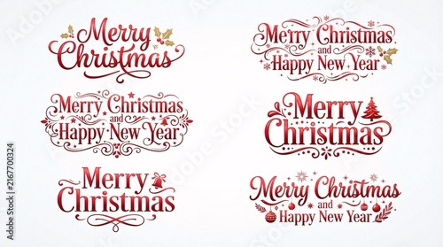 A collection of elegant red festive typography designs for Merry Christmas and Happy New Year greetings