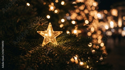 A glowing star shaped light ornament resting beautifully within the green needles of a Christmas tree