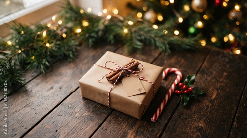 A beautifully wrapped brown paper gift sits on a rustic wooden table under festive holiday lights