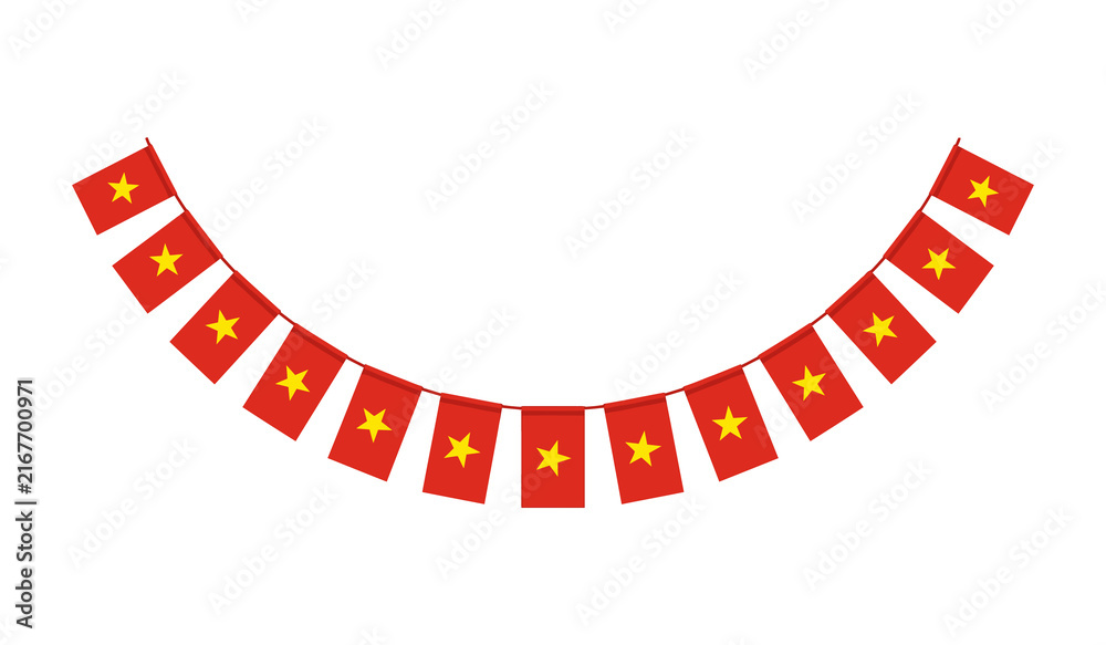 Obraz premium String of vibrant red flags with golden stars on a white background