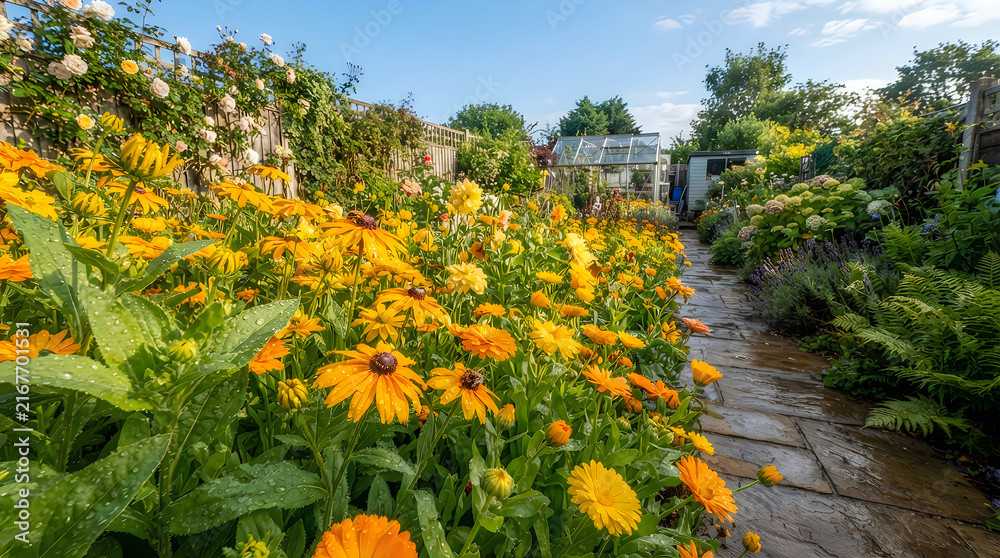 Obraz premium Bright orange flowers blooming in a sunny summer garden with a stone path