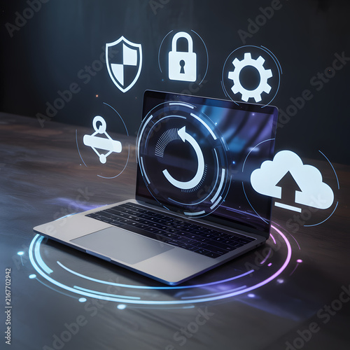 Laptop surrounded by digital cybersecurity icons for cloud protection, encryption, backup, privacy, and secure data management