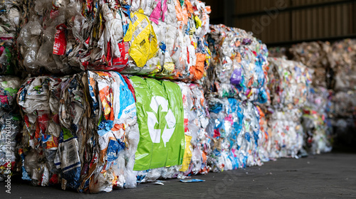 Large stacks of compressed plastic waste bales with a recycle symbol in a recycling facility. Perfect background concept for environmental sustainability and waste management.