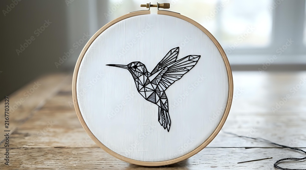 Obraz premium Hummingbird line art embroidery in wooden hoop on fabric, featuring