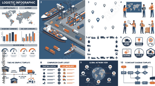 Logistics and supply chain infographic elements set with charts maps and delivery icons