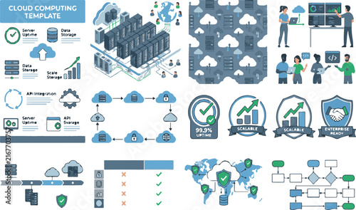 Cloud computing infographic elements set with server storage networking icons and digital diagrams