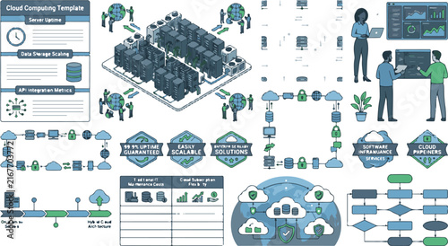 Set of cloud computing and network infrastructure elements with data center server icons and flat illustrations