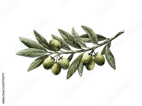 Olive branch with ripe green fruit and textured leaves, food