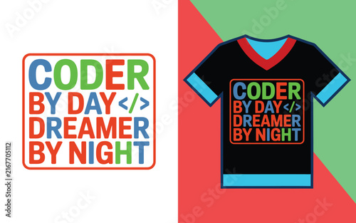 Foto Coder by day dreamer by night typography on a black t-shirt with red and green s