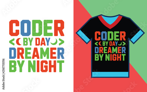 Bild auf Leinwand Coder by day dreamer by night typography with moon on a black t-shirt with red a