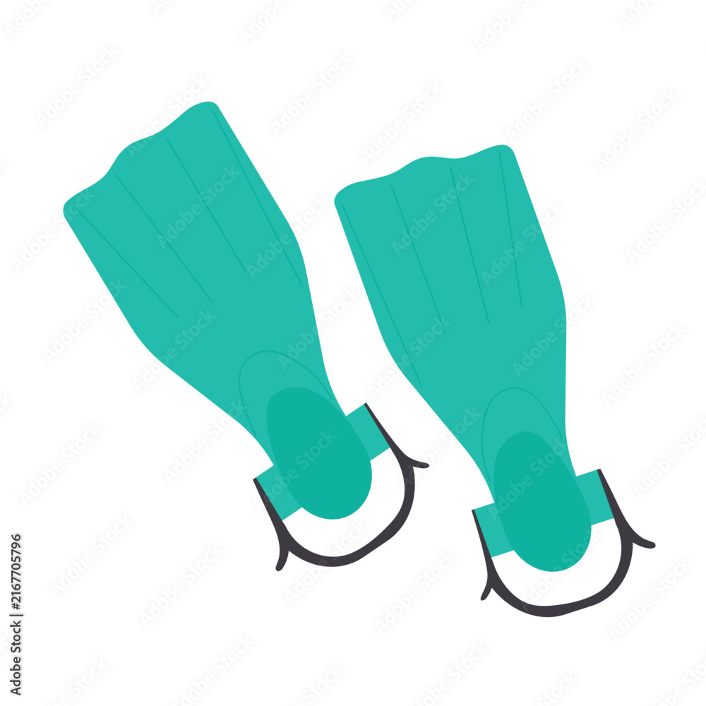 Fototapeta premium Fins for swimmer or diver, extreme sports activity and summer beach vacation vector illustration. Cartoon fins to swim in sea or ocean, happy summertime journey isolated on white