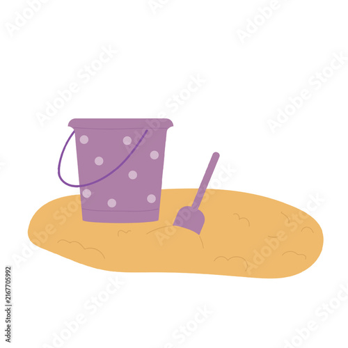 Children toys for beach, family summer sea vacation vector illustration. Cartoon cute bucket and shovel toys for child building sand castle isolated on white