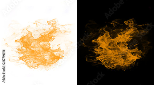 Quadro su tela Realistic orange fire flames set, blazing heat explosion on black and white back