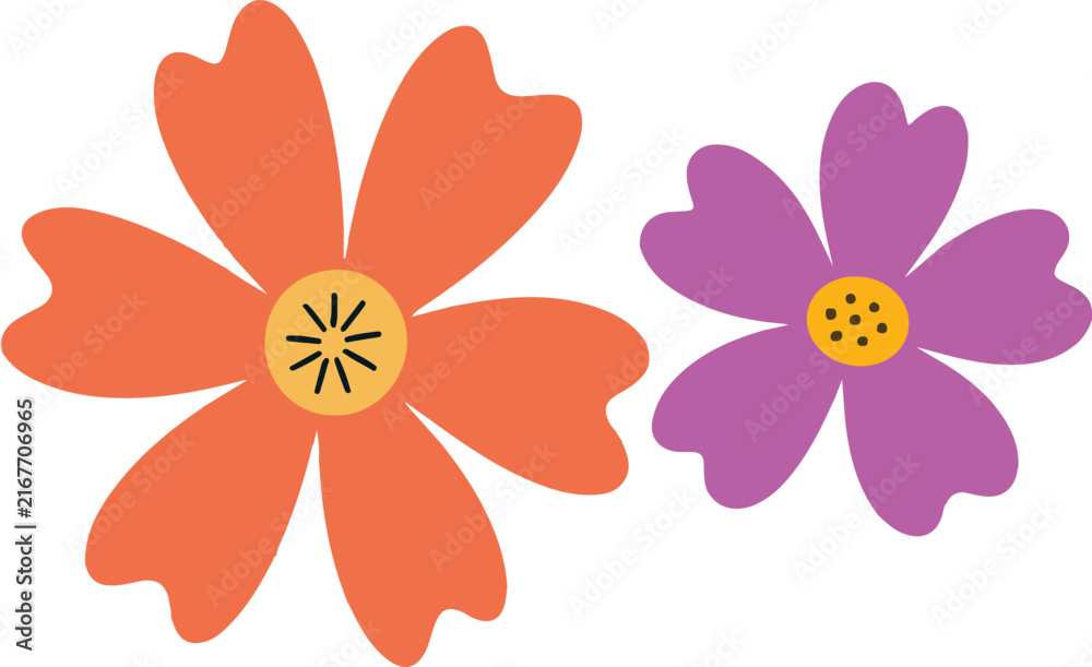 Fototapeta premium Two colorful flat flowers icons in orange and purple shades for spring design