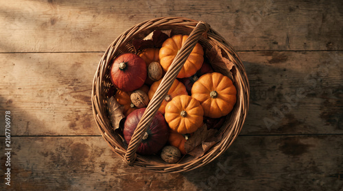 Small orange and red pumpkins with walnuts in wicker basket placed on wooden table with warm sunlight and copy space