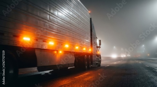 Semi-trailer Truck with Orange Marker Lights Driving Through Fog on Night Highway | Freight Transport Safety