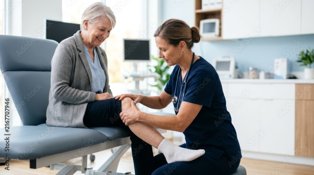 Fototapeta premium Orthopedist examining senior patient's knee in a modern clinic, focusing on care and professionalism