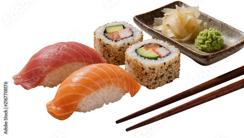 Assortment of fresh sushi nigiri and maki rolls with pickled ginger and wasabi, isolated on transparent background