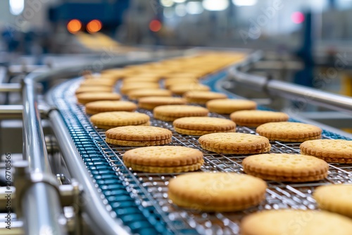 Biscuit Production Line With Cookies on Cooling Conveyors Ready for Packaging