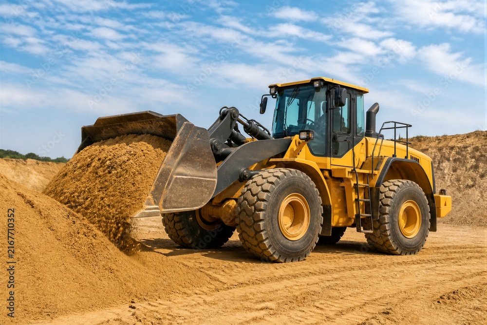 Fototapeta premium Yellow bulldozer pushes dirt under blue sky. Machine moves earth with heavy, powerful motion. Sunlight highlights dust and rugged tires. Scene shows hard work in open construction area