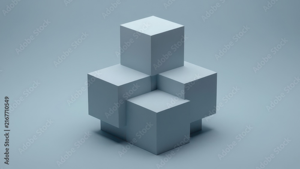 Fototapeta premium Minimalist 3D Abstract Composition of Light Blue Geometric Cubes Arranged in a Structured Pattern on a Soft Gradient Studio Background with Clean Shadows and Modern Aesthetic