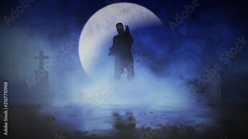 Zombie Silhouette Walking by Moonlight 4K features a zombie silhouette walking on a reflective surface with rolling fog and a full moon in the background in a blue atmosphere.