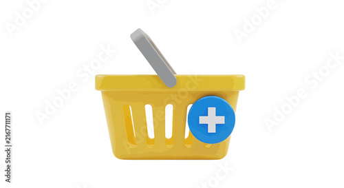 Vector illustration of 3d shopping basket icon with a blue plus sign on a transparent background