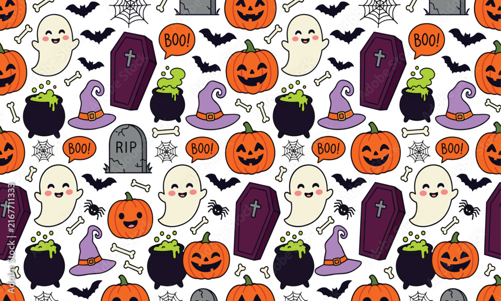 Fototapeta premium Seamless Halloween pattern featuring cute pumpkins, ghosts, coffins, witch hats, and cauldrons on a white background for festive holiday designs