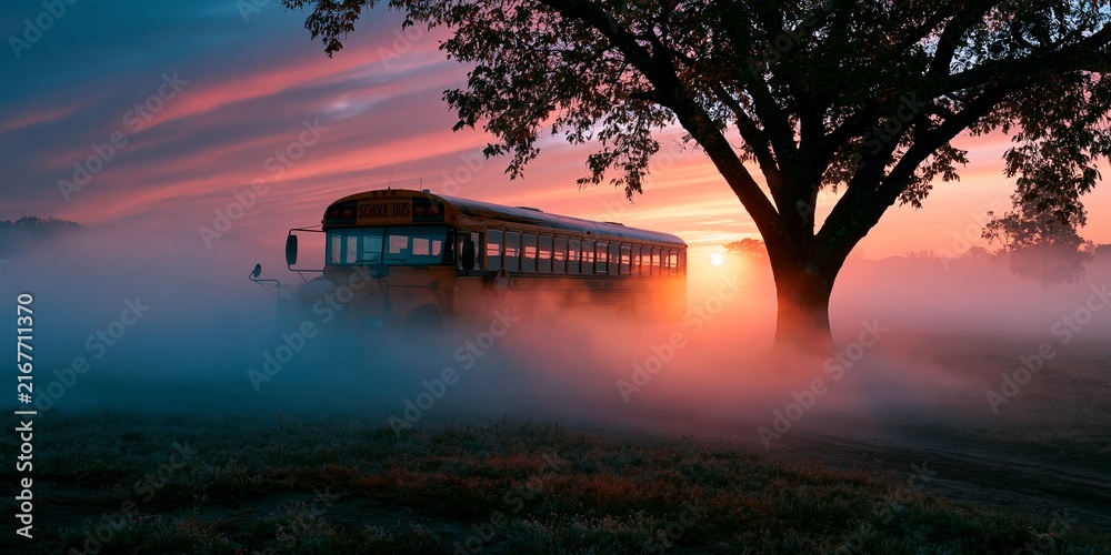 Obraz premium A vintage yellow school bus parked in a misty field at sunrise, silhouetted by a large tree, with vibrant pink and orange sky and soft fog.