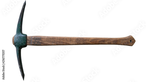 Heavy duty metal pickaxe with wooden handle, isolated on transparent background