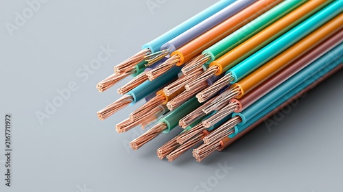 A bundle of colorful electrical copper wires with stripped ends on a gray background. Perfect for electrical engineering and telecommunications concepts.