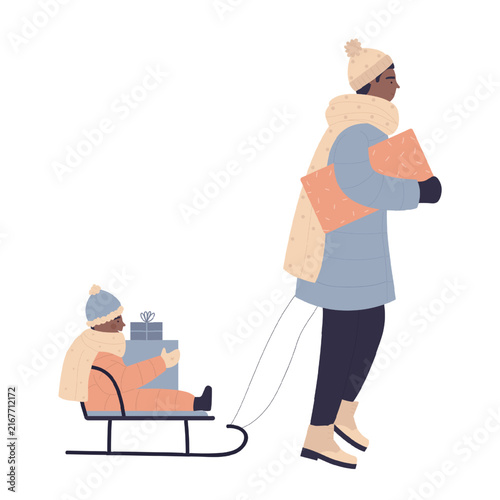 Photography Winter walking outdoor parent with child on sleigh